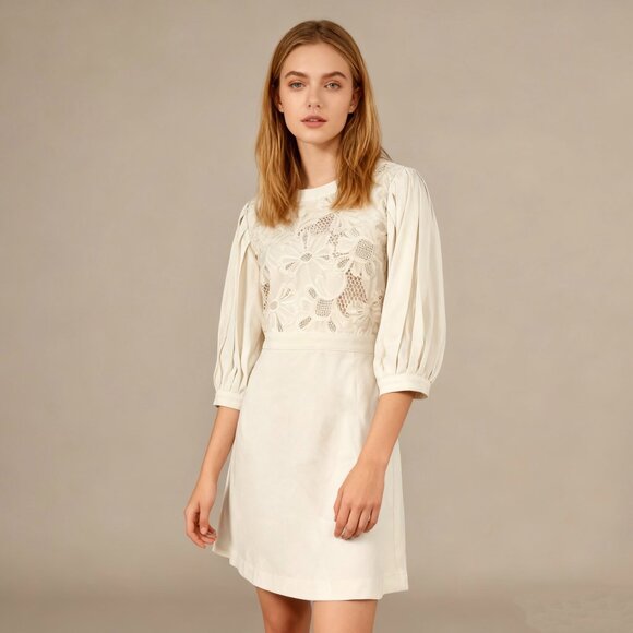 $655 NWT SEE BY CHLOÉ Embroidery Mini Dress Cream Size 34 Pleated Sleeves
